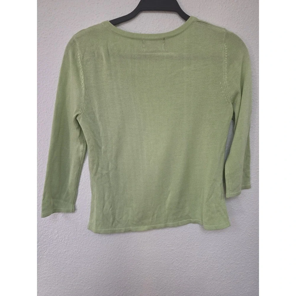 Requirements Petite Sweater 3/4 Sleeve Round Neck Light Green Solid Pullover Bow